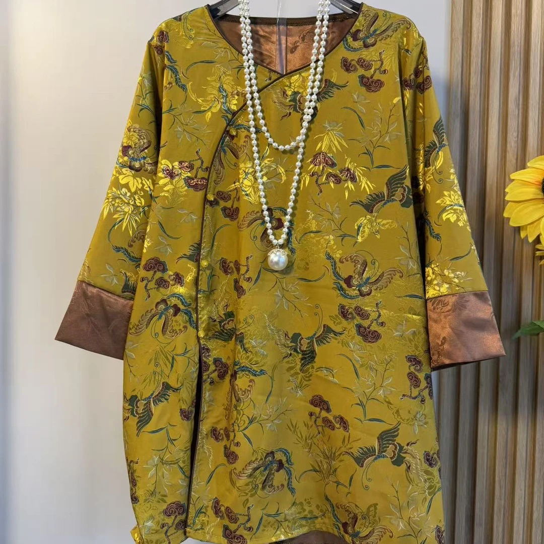 大码女装早秋新款时尚复古风大衫女韩版圆领盘扣拼接百搭显瘦上衣