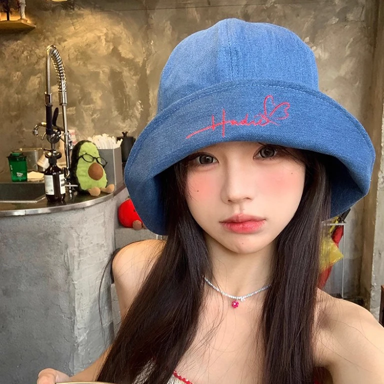 网红蓝色日系翻檐牛仔帽大头围显脸小百搭大檐可爱时尚刺绣渔夫帽
