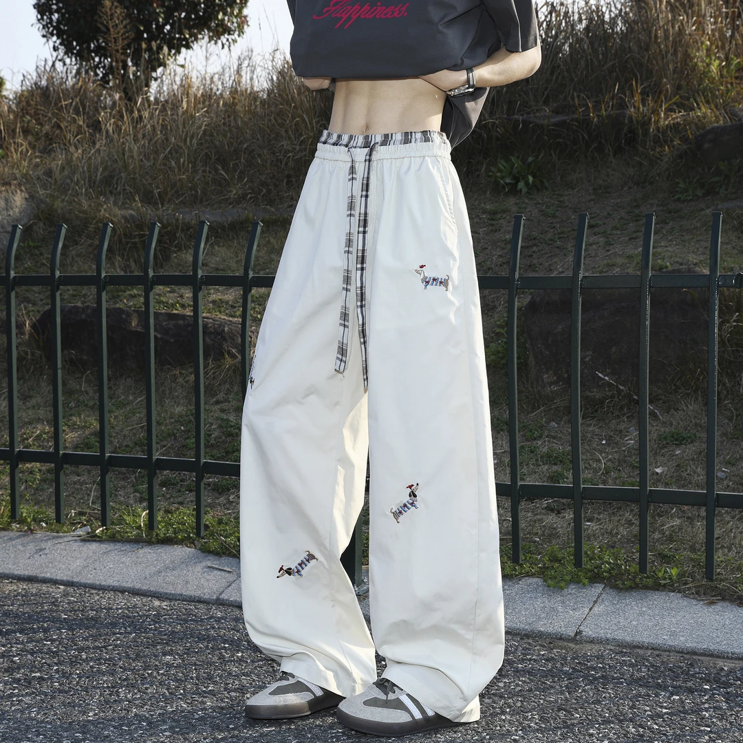 腊肠狗刺绣休闲冲锋裤男春秋美式街头潮牌宽松直筒阔腿运动长裤子