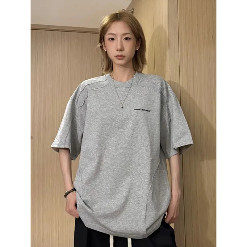 300g重磅解构拼接t恤男夏季灰色美式cleanfit短袖内搭正肩五分袖