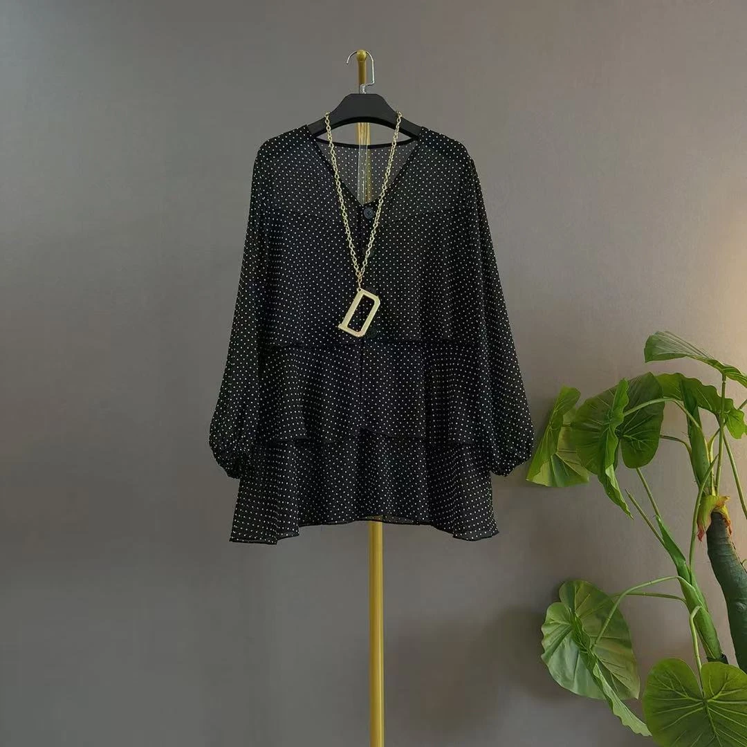 长袖尖领常规款灯笼袖常规雪纺衫短款中性风简约大气蛋糕雪纺衫