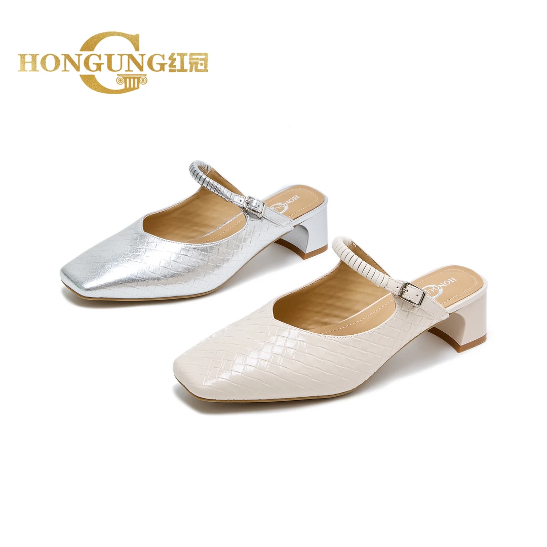 4cm～红冠法式新款方头包头半拖鞋银色白色拖鞋外穿方根轻职风8075