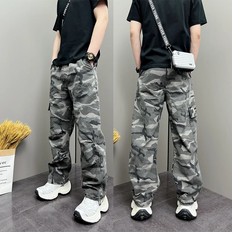 秋季新款潮流韩版痞帅个性设计感迷彩青年男士爆款休闲阔腿直筒裤