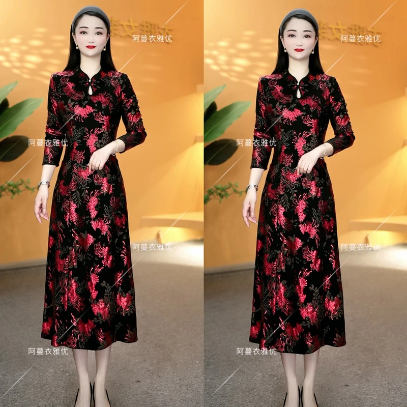 【衣雅严选】8082-1469#春秋新款锦棉罗马烟花烫金旗袍连衣裙