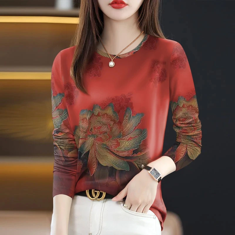 2025春秋新款打底衫上衣遮肚显瘦妈妈装百搭大码圆领长袖女t恤潮