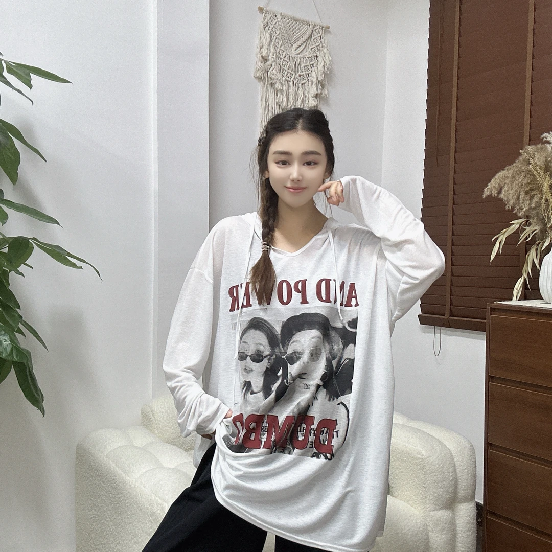 LU/鹿儿Y6113时尚大版宽松百搭简约休闲印花早秋新款长袖连帽上衣