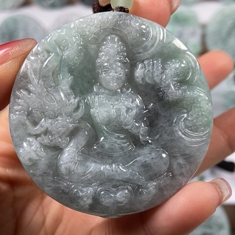 翡翠颈饰未镶嵌山水财神爷玉龙观音两面工福利