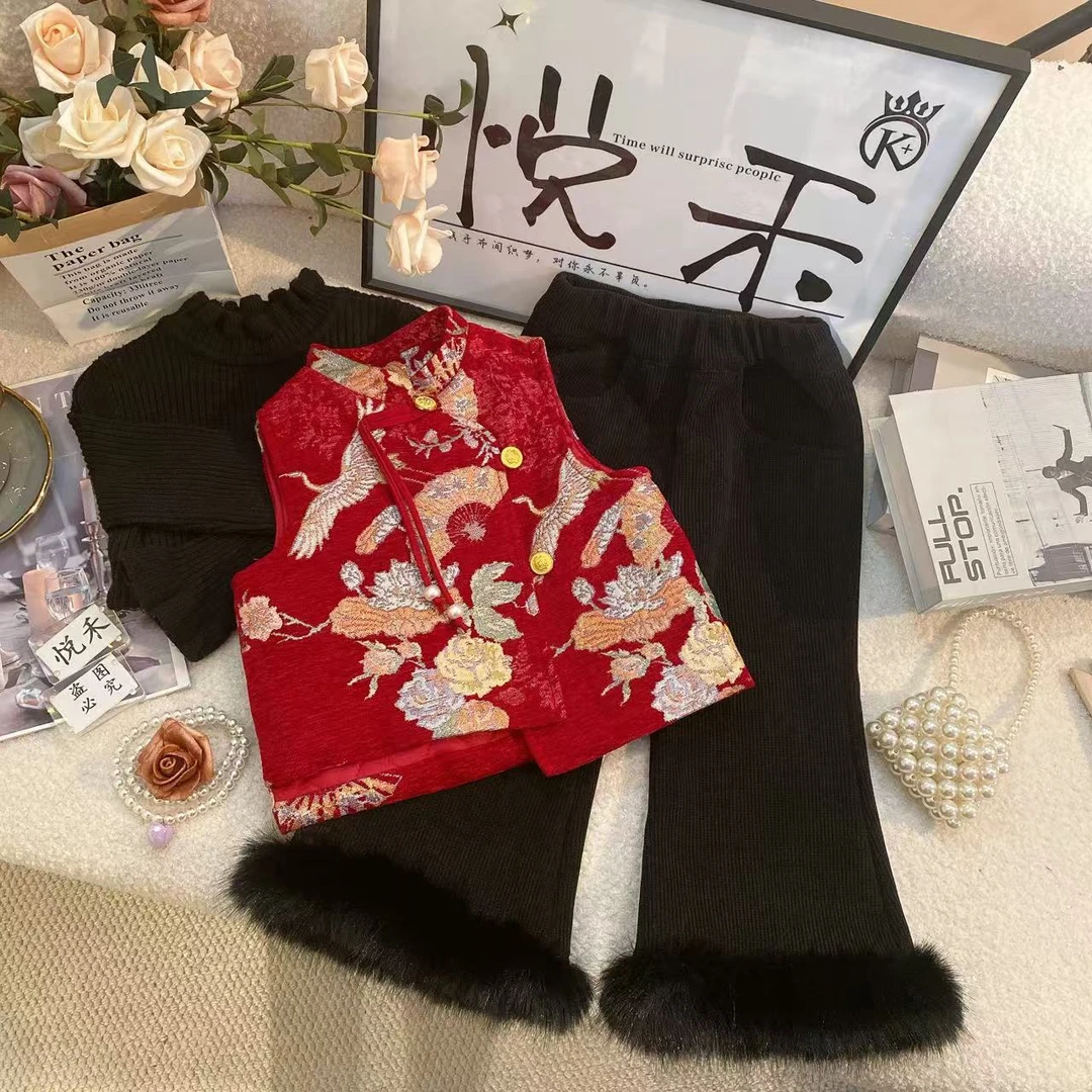 SD萌娃冬装加厚国风红色喜庆拜年服暖冬复古洋气加绒裤子套装6458