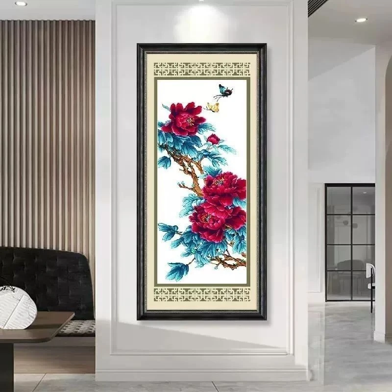 蓝田紫韵富贵花开十字绣新款线绣客厅玄关花卉竖版中式刺绣38色