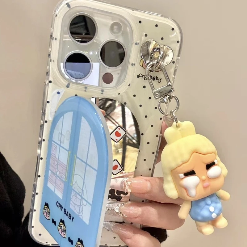 韩系ins波点哭娃窗户翻盖镜面适用iphone16promax苹果15pro手机壳