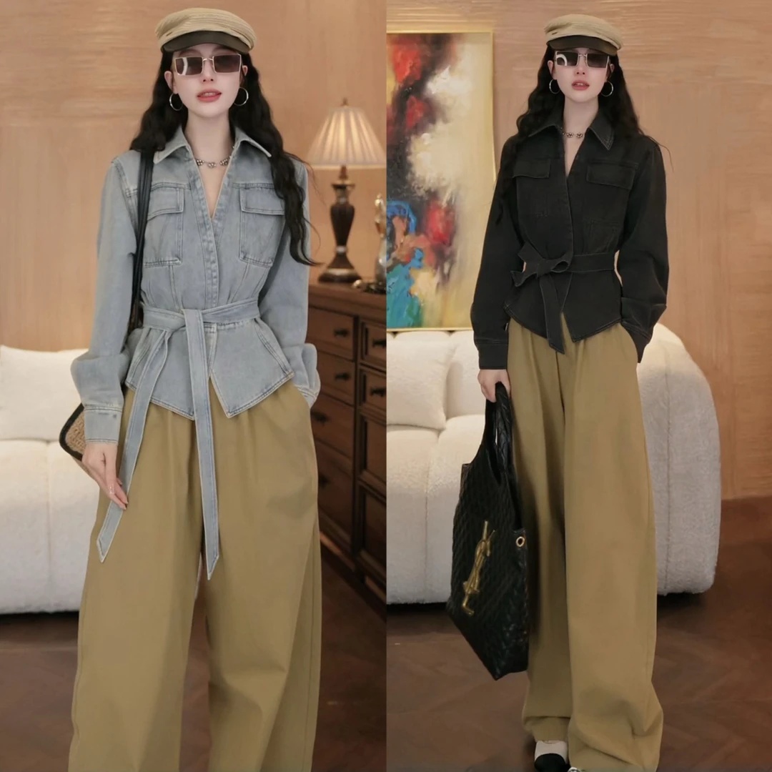 2025新款时尚复古洗水工艺牛仔外套上衣女装宽松版长款休闲裤套装