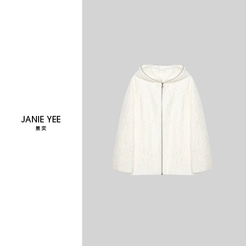 Janie Yee“雪人” 镇店100山羊绒拉绒连帽短款大衣外套女 24A2698