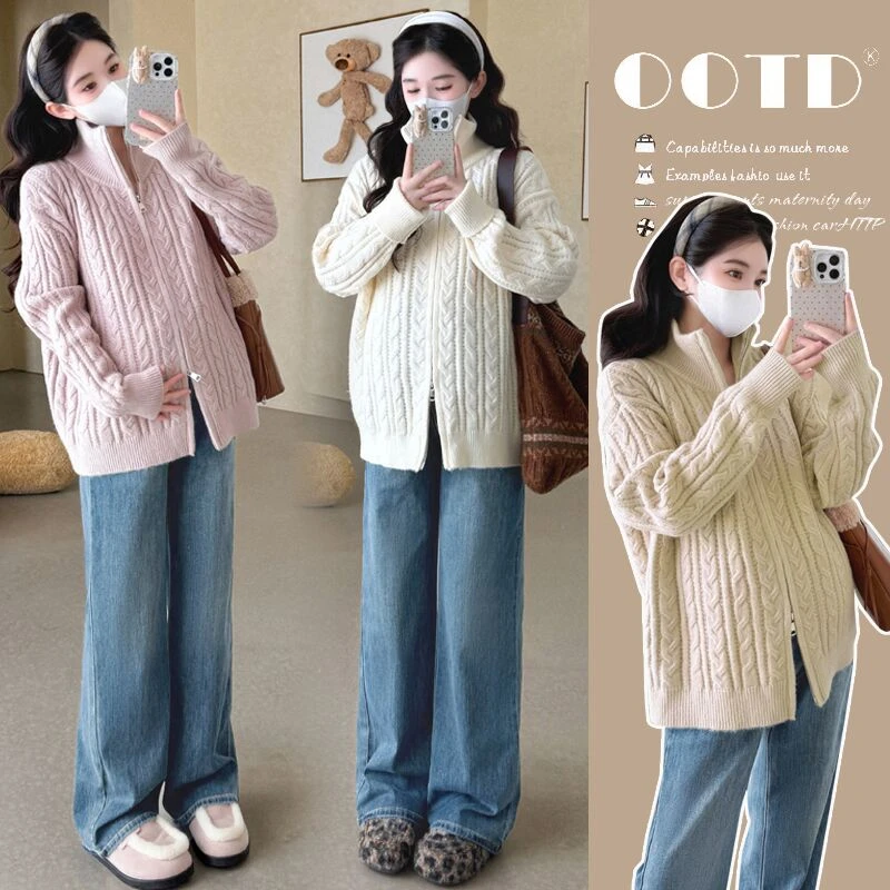 时尚孕妇秋冬新款宽松针织外套上衣中长款洋气宽松长袖外穿