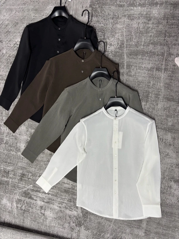 男士衬衫男装上衣长袖衬衣防晒立领春夏白色时尚百搭简约纯色打底