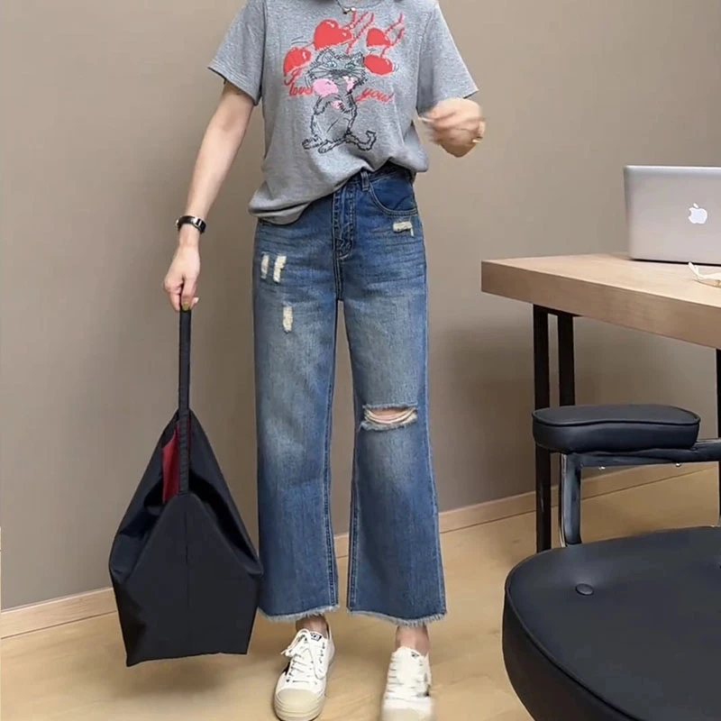 夏季新款破洞直筒裤洋气减龄穿搭窄版阔腿裤毛边九分薄款牛仔裤子