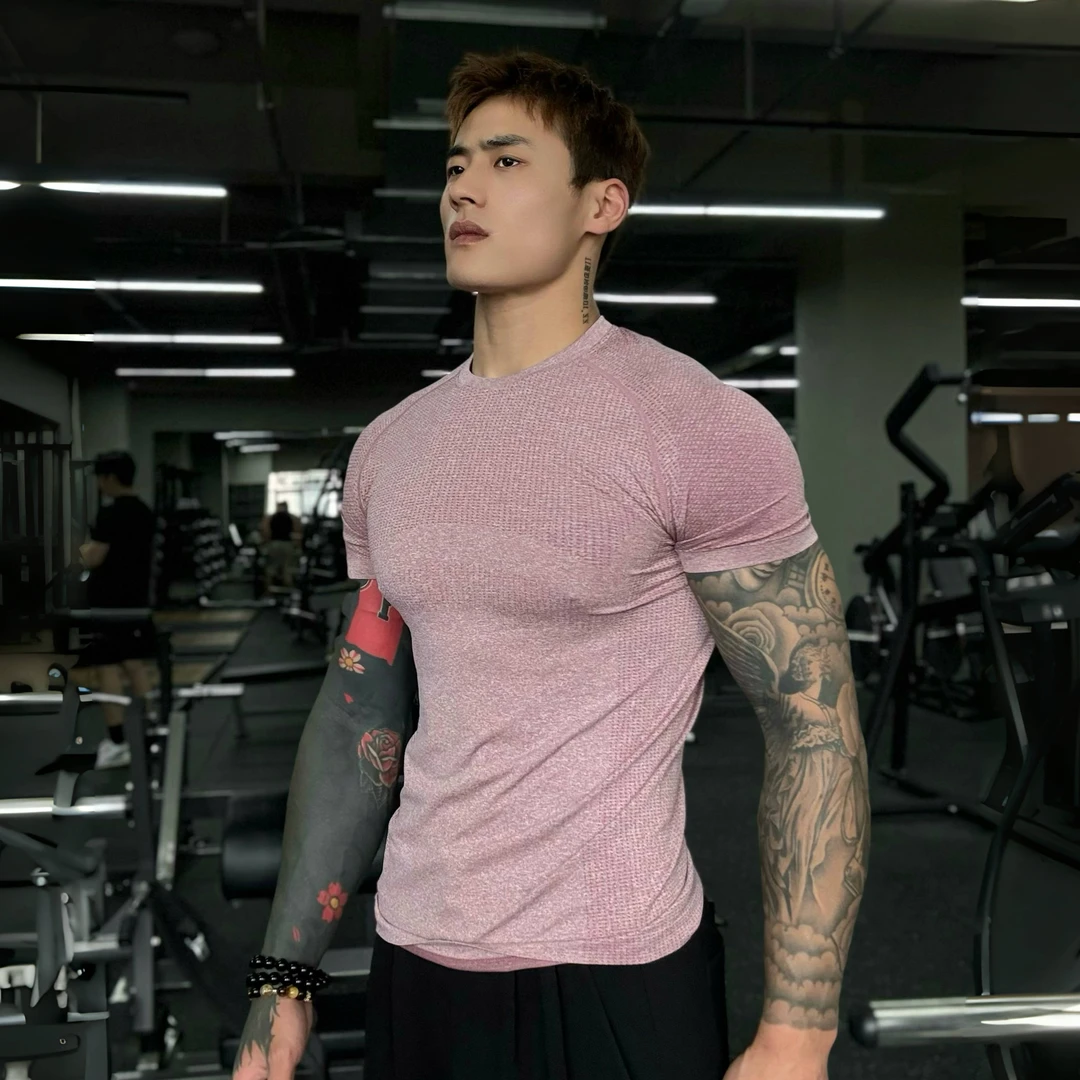 无缝提花短袖修身高弹肌肉健身男士兄弟训练圆领运动篮球T恤上衣