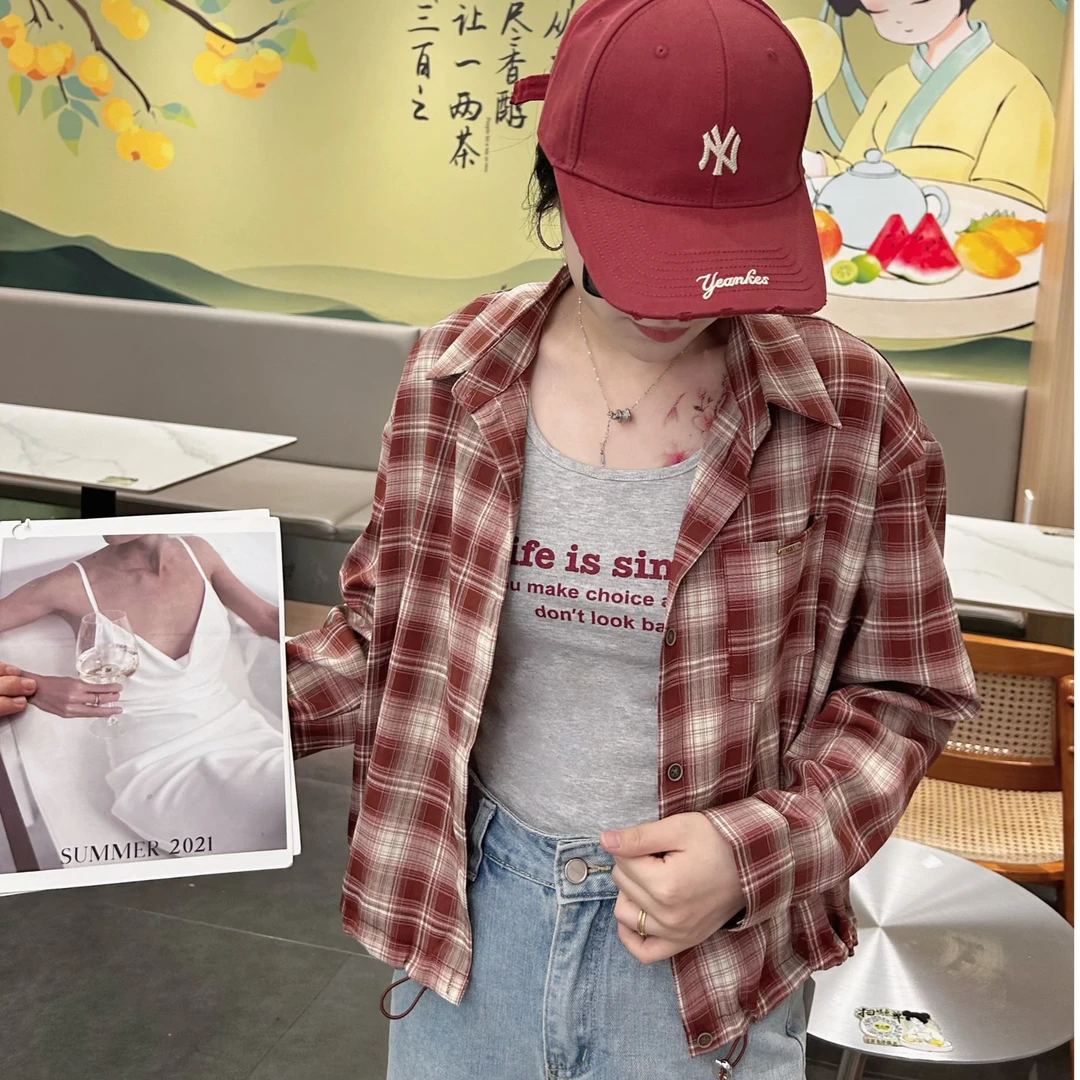 拉夏贝尔时尚薄款宽松型长袖秋季休闲短外套女ins女装格纹衬衣潮