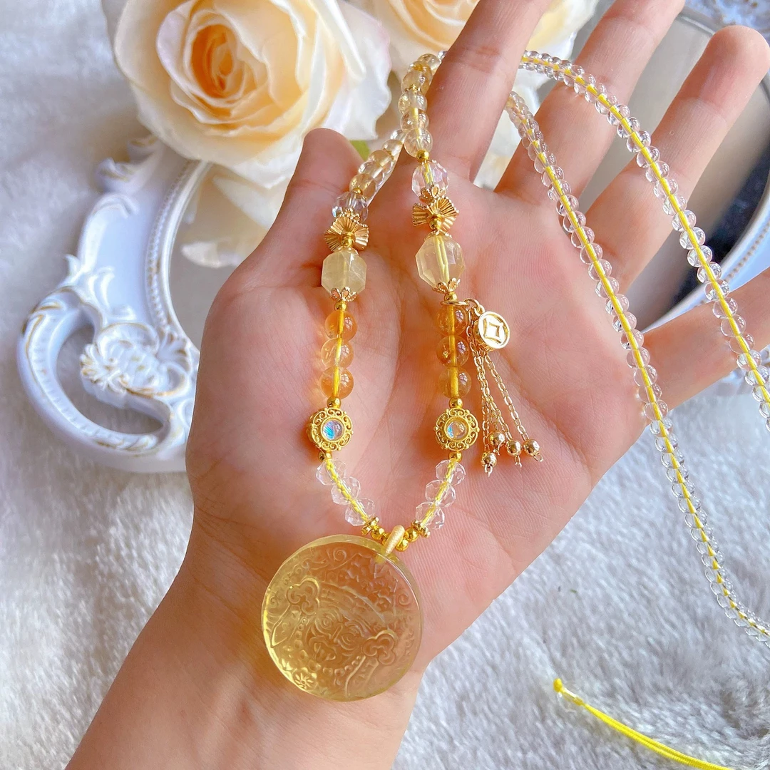 合金大理石吊坠 天然扎基拉姆牌黄塔晶菱形切面招财纳福小众设计