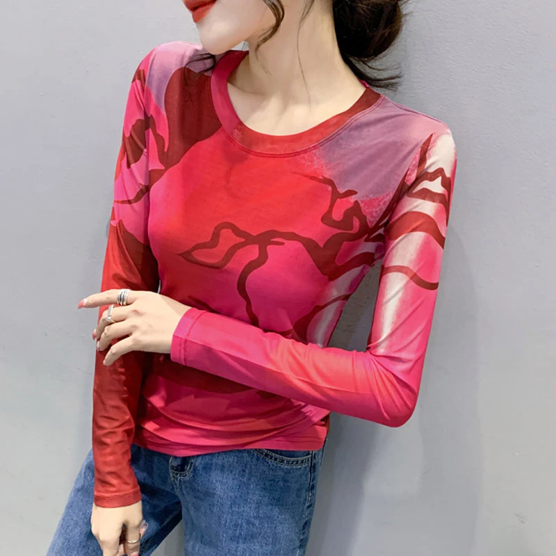 欧洲站春秋时尚印花网纱长袖恤女修身显瘦洋气别致打底小衫