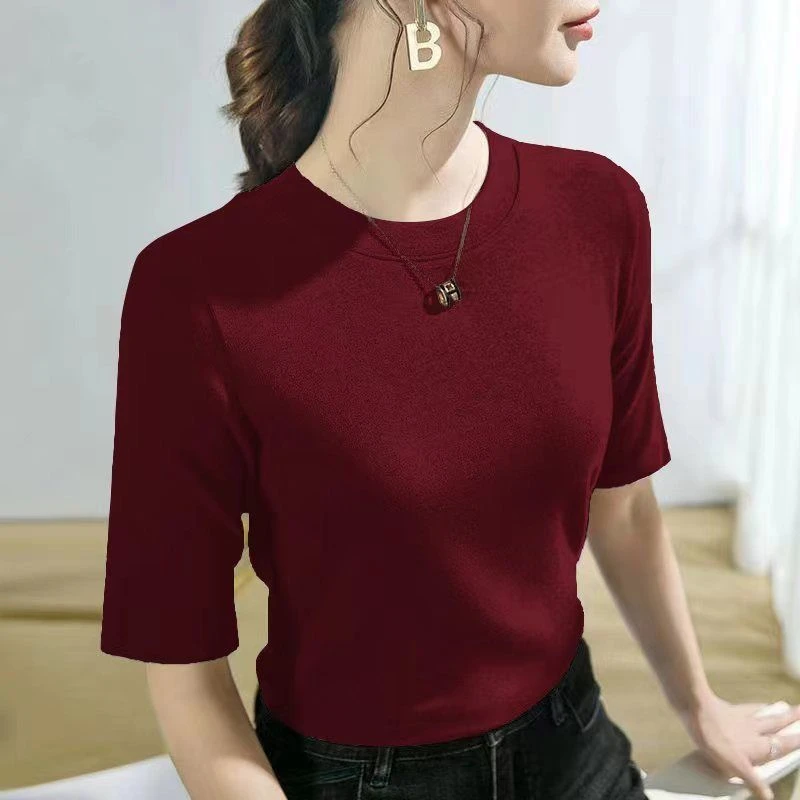 春秋打底2025新款可拉红五分中袖T恤打底衫纯色内搭外穿修身上衣