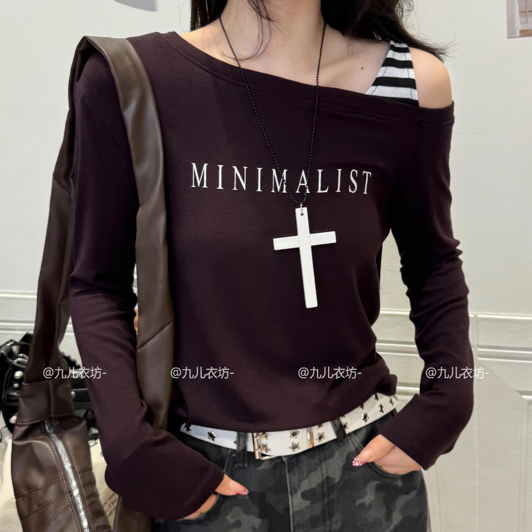 2025秋冬新款流行潮酷穿搭上衣设计感斜肩长袖纯欲慵懒风女