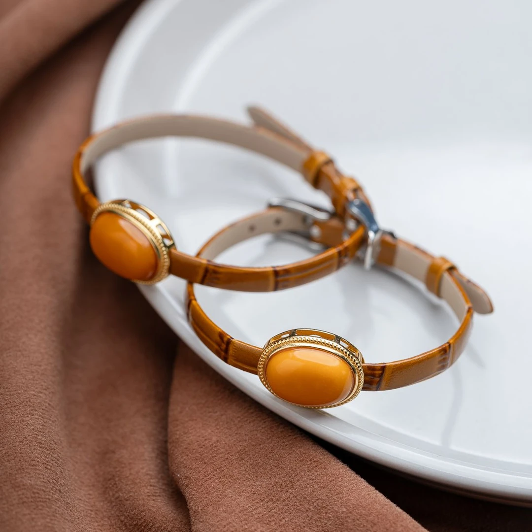 鸡油黄蜜蜡单圈手串表带手环椭圆蛋面可调节手带（多样性发其一）