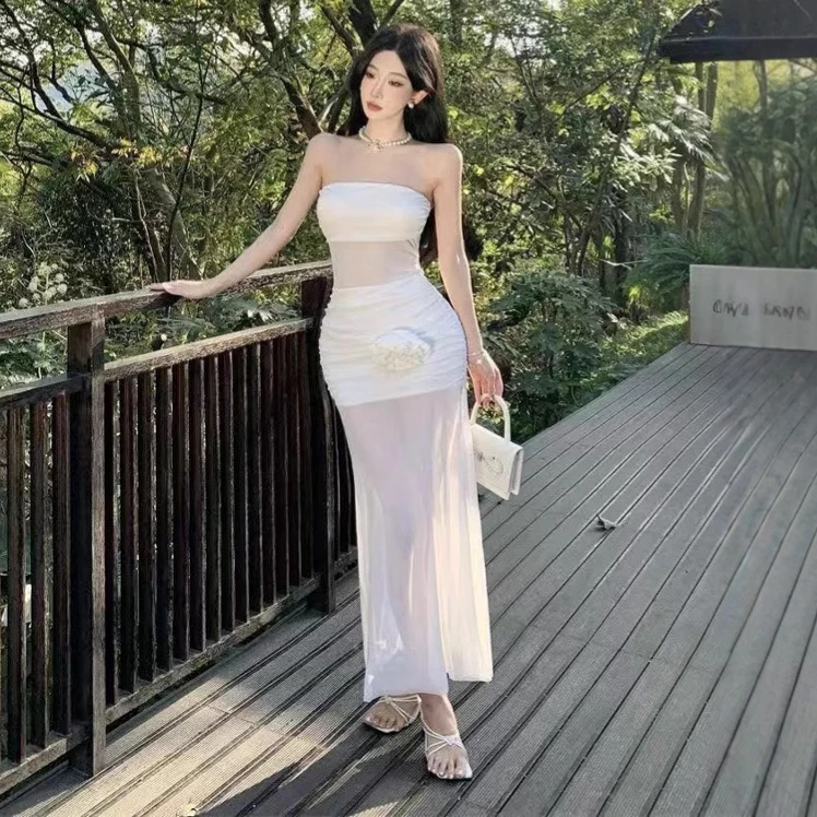 OLOIU法式纯欲性感透视白色网纱花朵抹胸连衣裙女海边度假气质