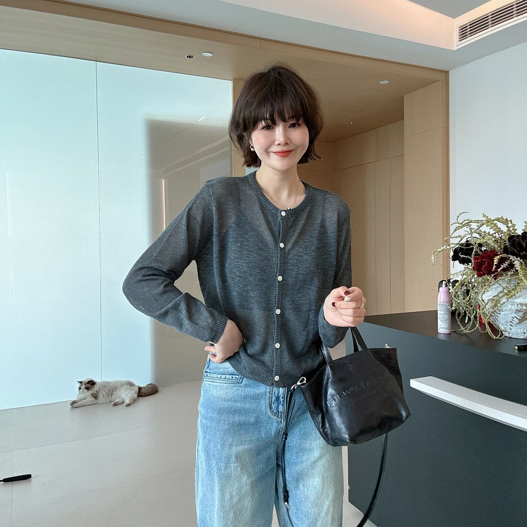 春夏宽松显瘦薄款圆领针织开衫防嗮小外套