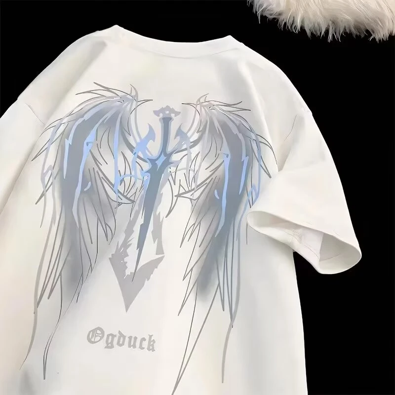 2025夏季纯棉短袖t恤男士宽松大码天使翅膀印花短袖透气舒适上衣