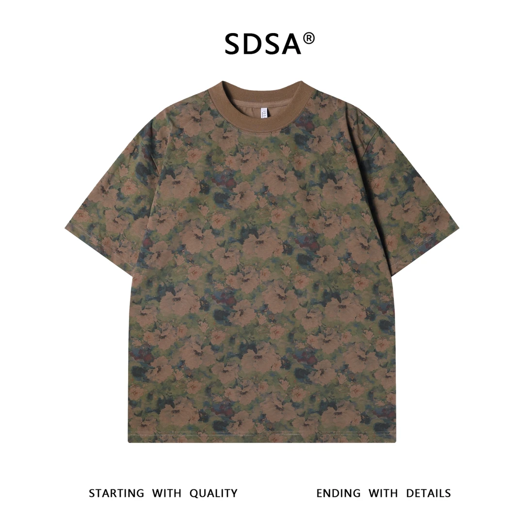 T3225高级感新款撞色满印花卉图案短袖T恤宽松百搭潮流套头上衣