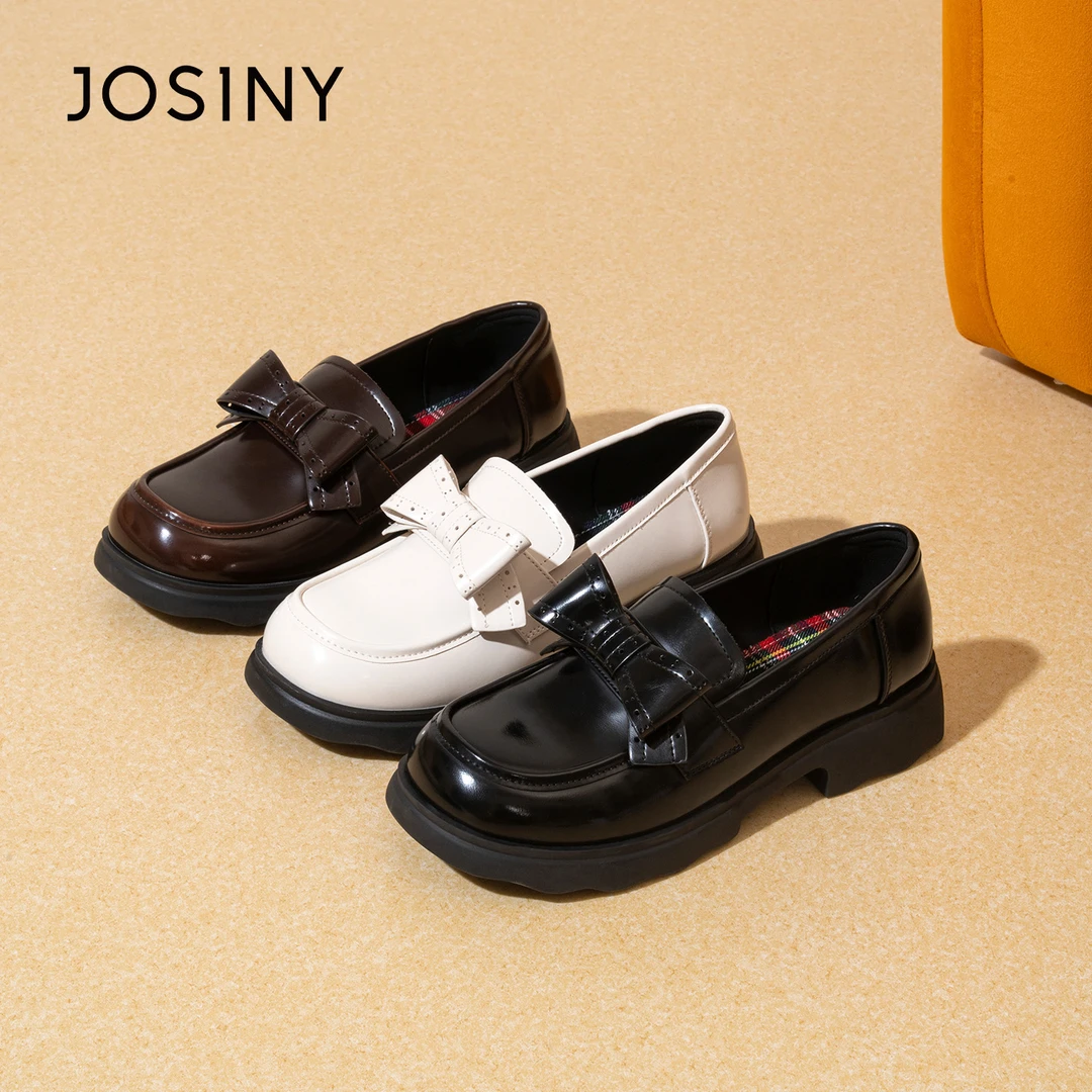 卓诗尼低跟浅口漆皮乐福鞋女2025秋季新款蝴蝶结厚底软底通勤女鞋