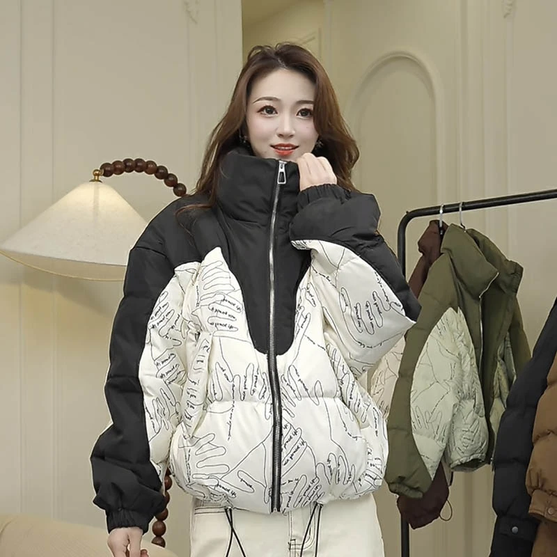 2323新款加厚羽绒服立领涂鸦拼接韩版时尚百搭宽松保暖短款休闲
