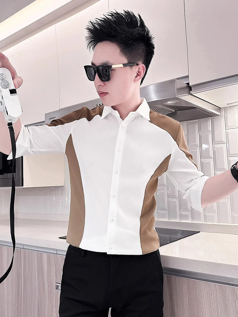 夏季七分袖衬衫男装痞帅拼接中袖2025新款设计高级感潮牌短袖上衣