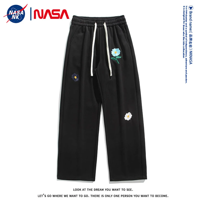 NASA联名休闲裤男秋冬季潮牌运动裤垂感宽松裤子小花刺绣直筒卫裤