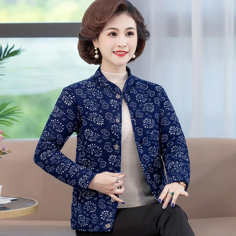 妈妈装丝绒棉衣女短款立领保暖内胆中老年女装时尚小棉袄花色外套