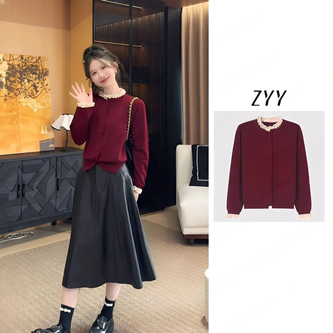 ZYY【牧野花荡】2025/S新品秋单排扣撞色木耳边针织开衫X25QZZ03348