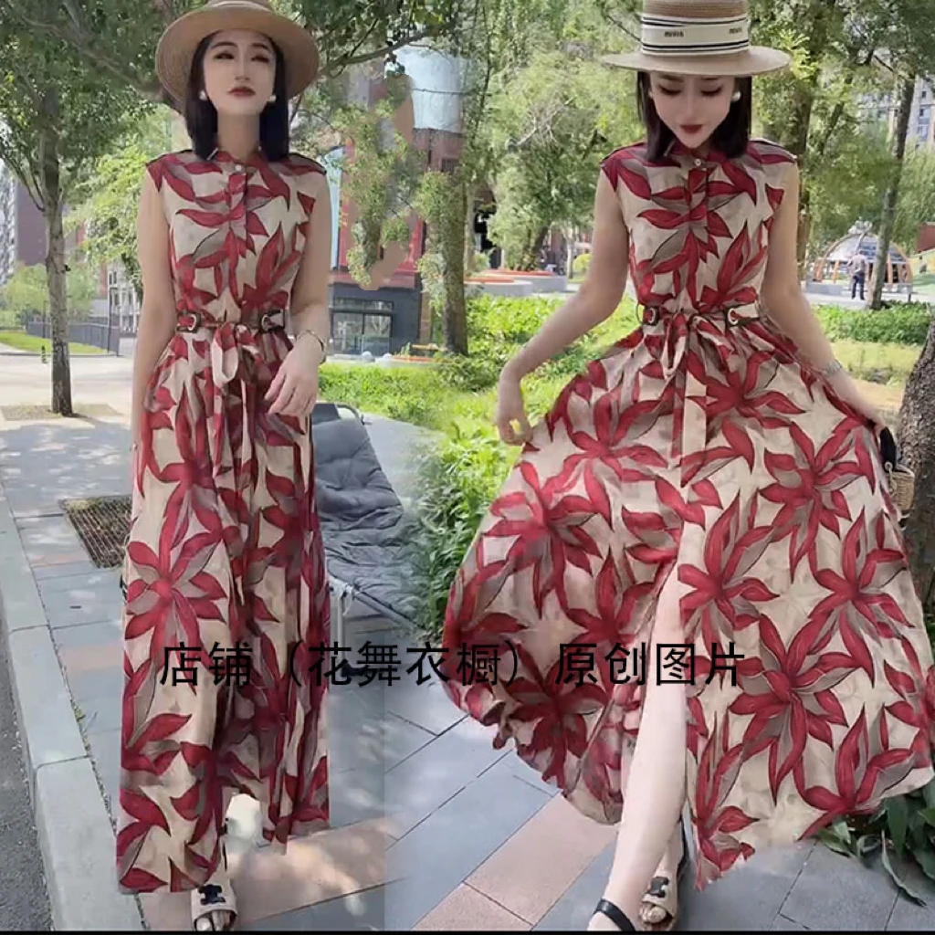 新中式2025女款缎料夏季气质轻奢宽松印花长裙无袖时尚连衣裙大摆