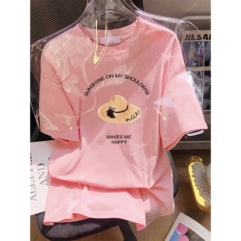 搭配鲨鱼裤短袖t恤女2025夏季中长款宽松休闲大码上衣粉色打底衫