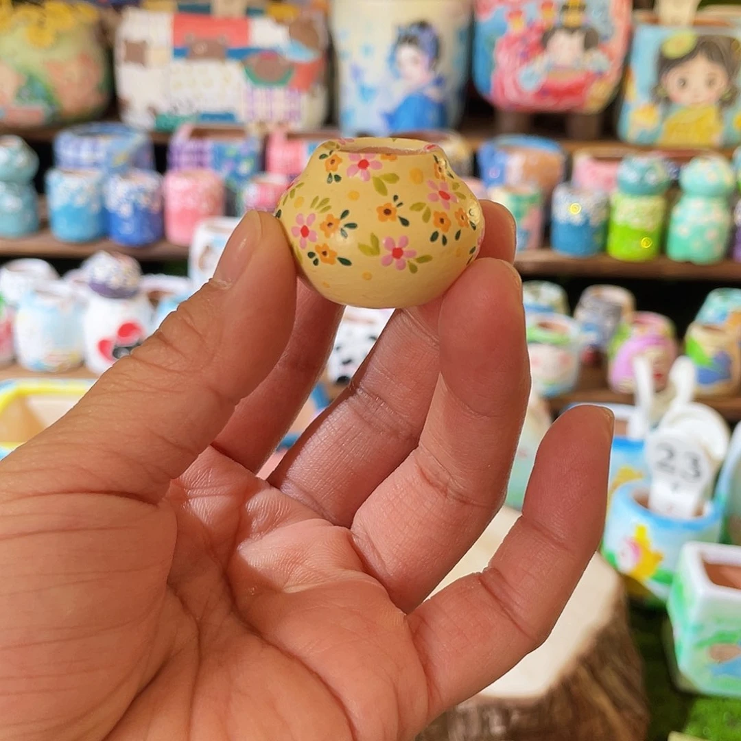 红陶黄色画画拇指盆