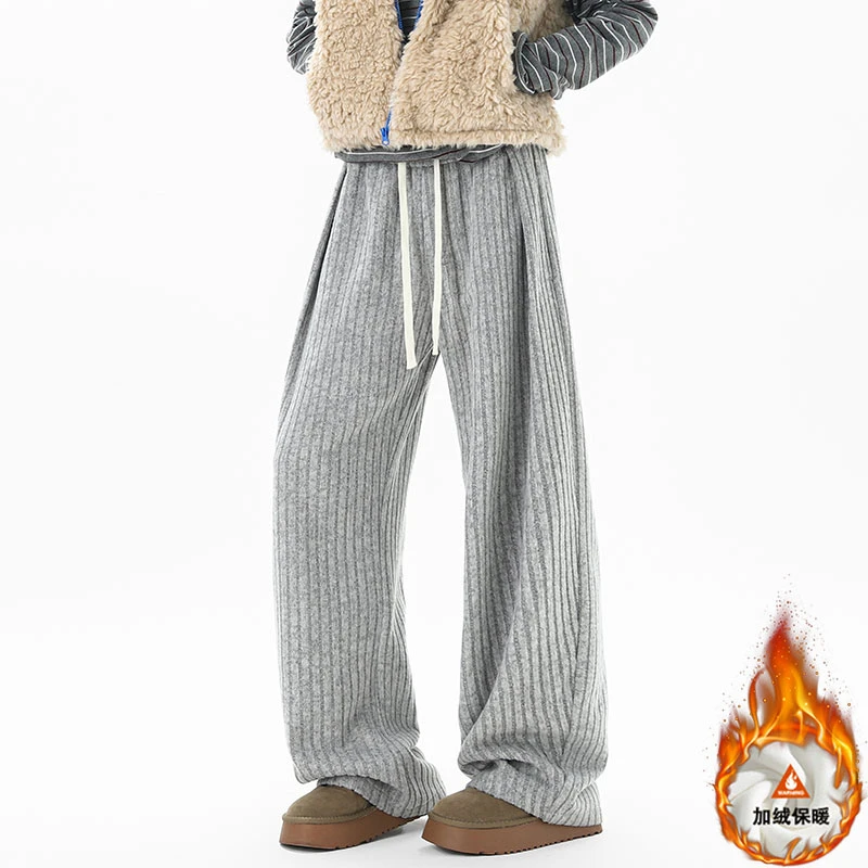 冬季加绒褶皱条纹休闲裤男生复古宽松阔腿直筒裤子加厚保暖卫裤男