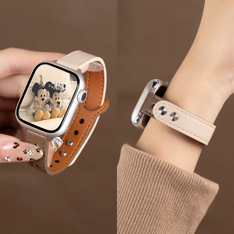 适用iwatch11苹果S10手表表带applewatch9/8/SE钉扣拼色真皮表带7