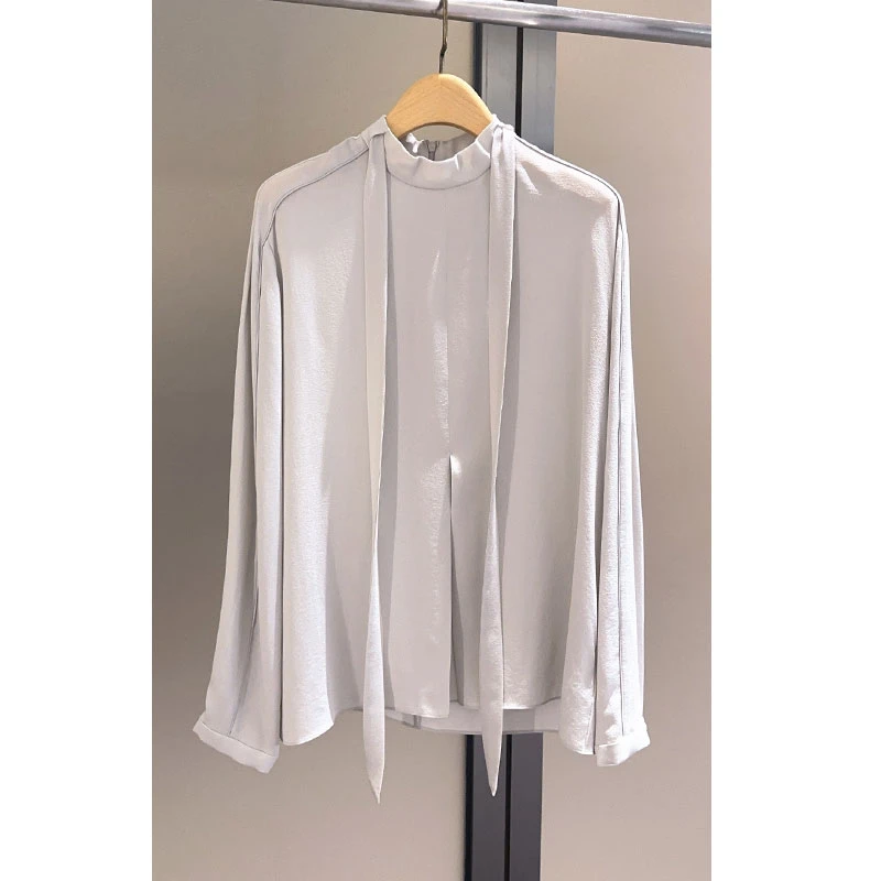 原单非市面货！GD意大利原厂月光灰真丝系带衬衫 C12