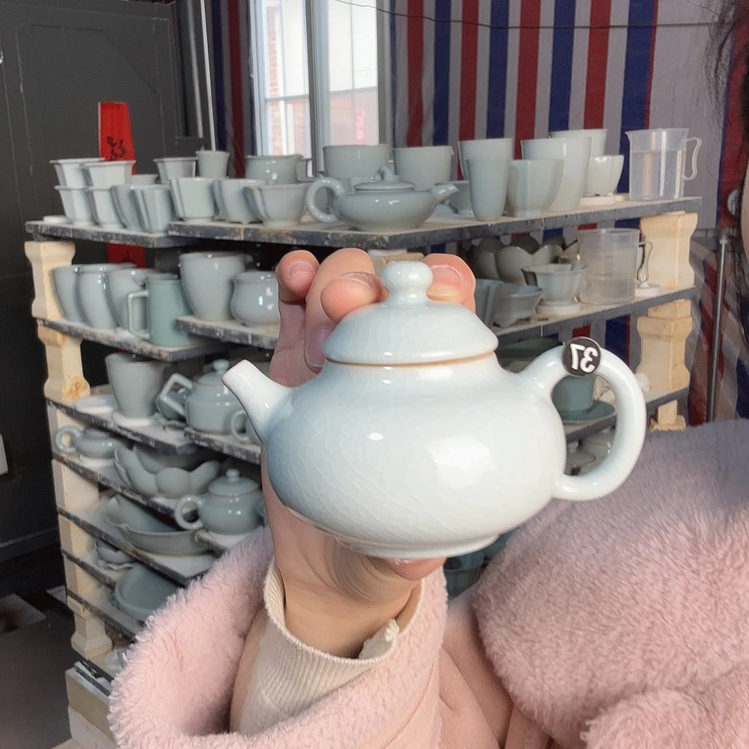 摆件陶汝瓷小容天壶支钉烧仿古月白釉微瑕37