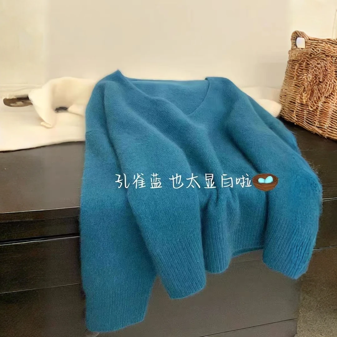 浣熊孔雀蓝V领针织衫女秋冬慵懒风纯色毛衣新款打底宽松长袖上衣
