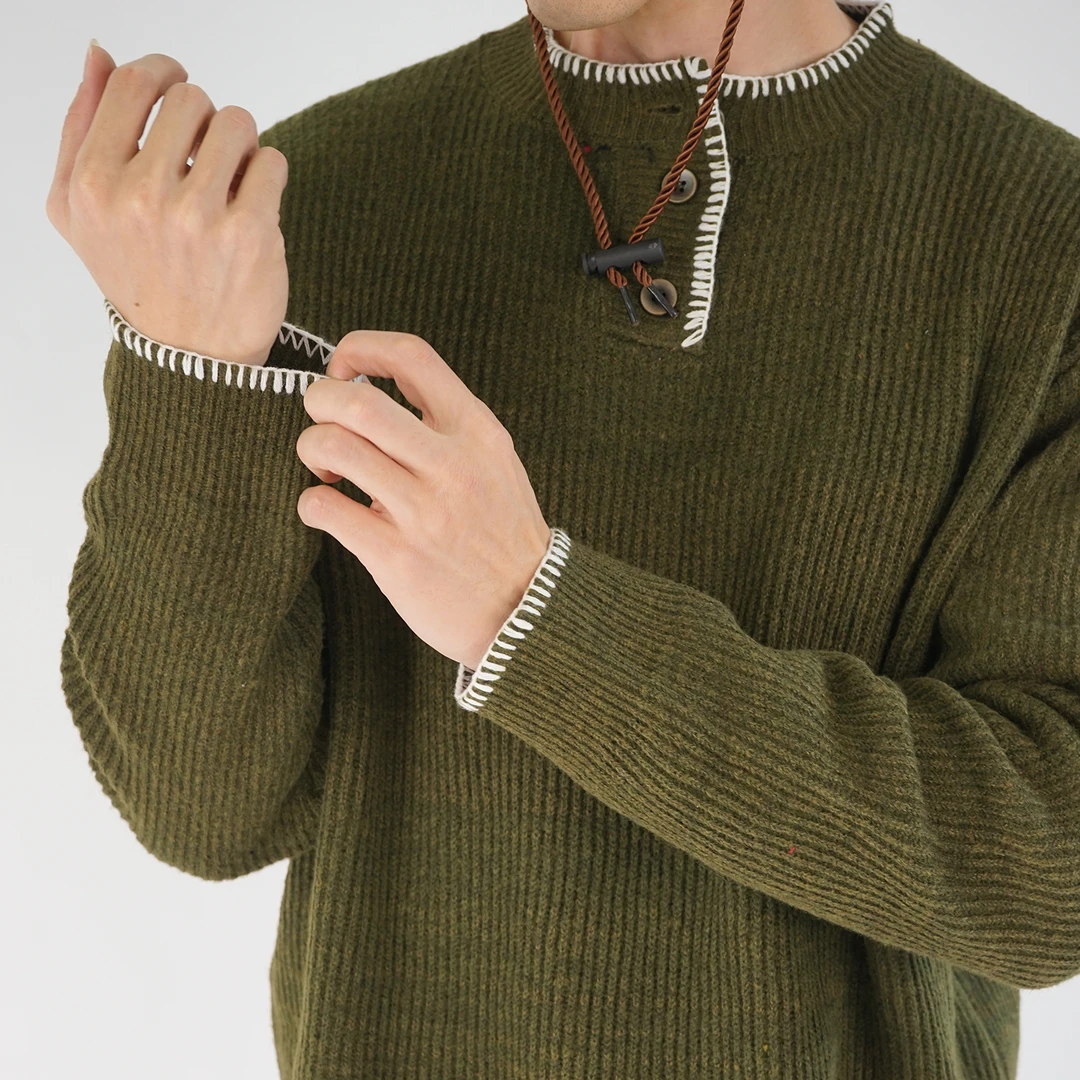 WHATA 美式复古老钱风手缝线亨利领混纺休闲毛衣针织衫男女上衣潮