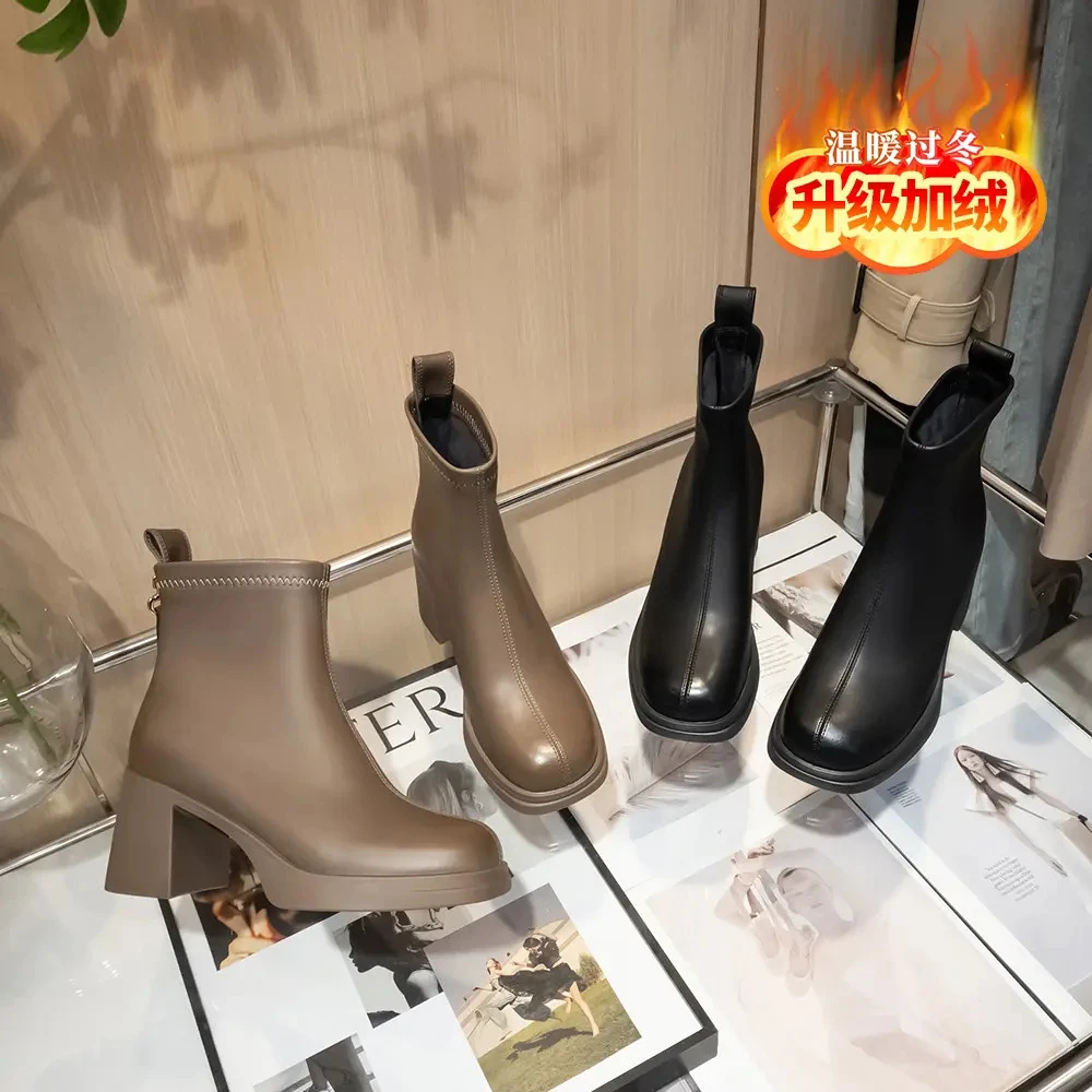 【小雨潮鞋】新款瘦瘦靴A-209冬季加厚短靴粗跟厚底时尚百搭靴子
