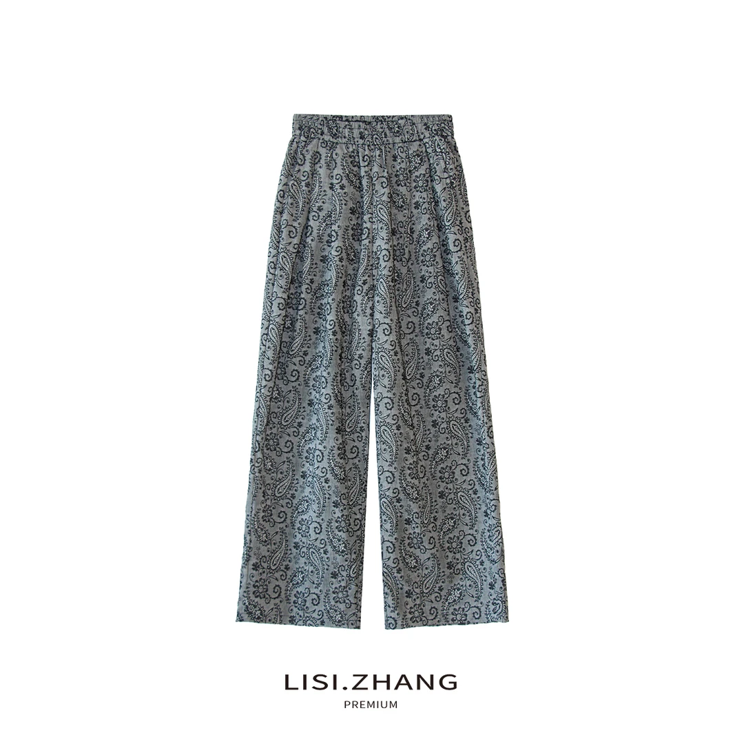 LISI.ZHANG--【图腾休闲裤】松紧高腰时尚提花直筒长裤