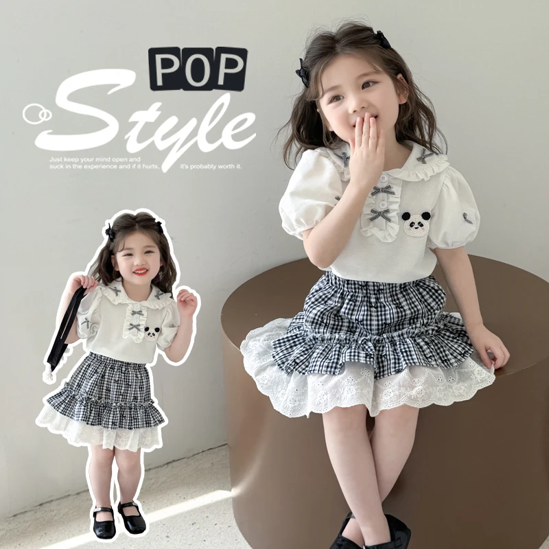 夏季2025新款小女孩可爱甜美韩版套装娃娃衫花边百褶裙时尚洋气潮