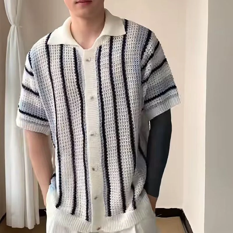 美式条纹镂空针织衬衫男慵懒风宽松短袖开衫松弛感网眼透视衬衣潮
