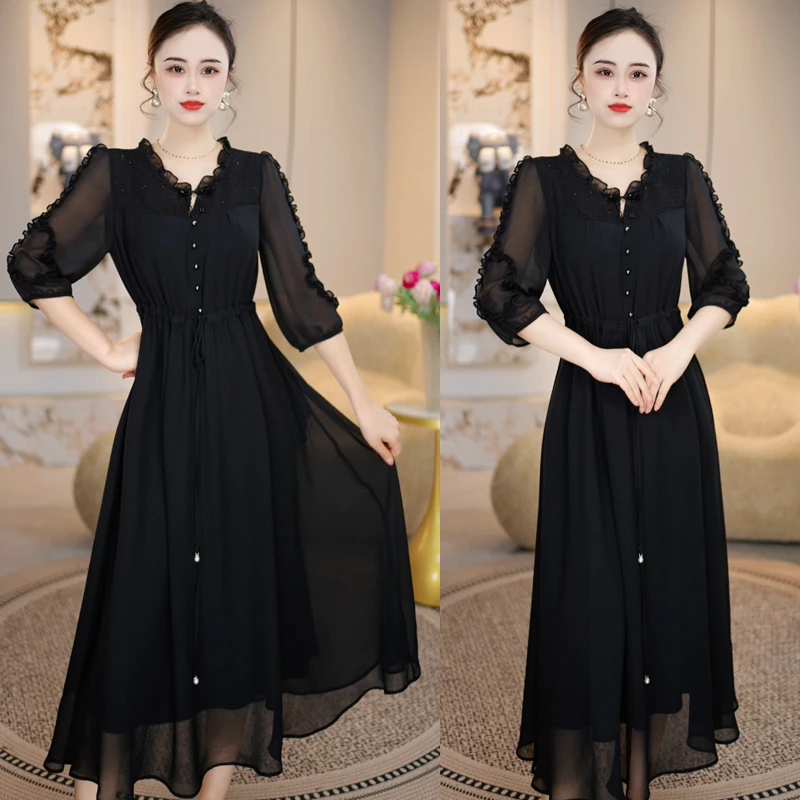 春夏连衣裙2025年新款穿搭收腰显瘦气质高贵轻奢高端上档次A字裙